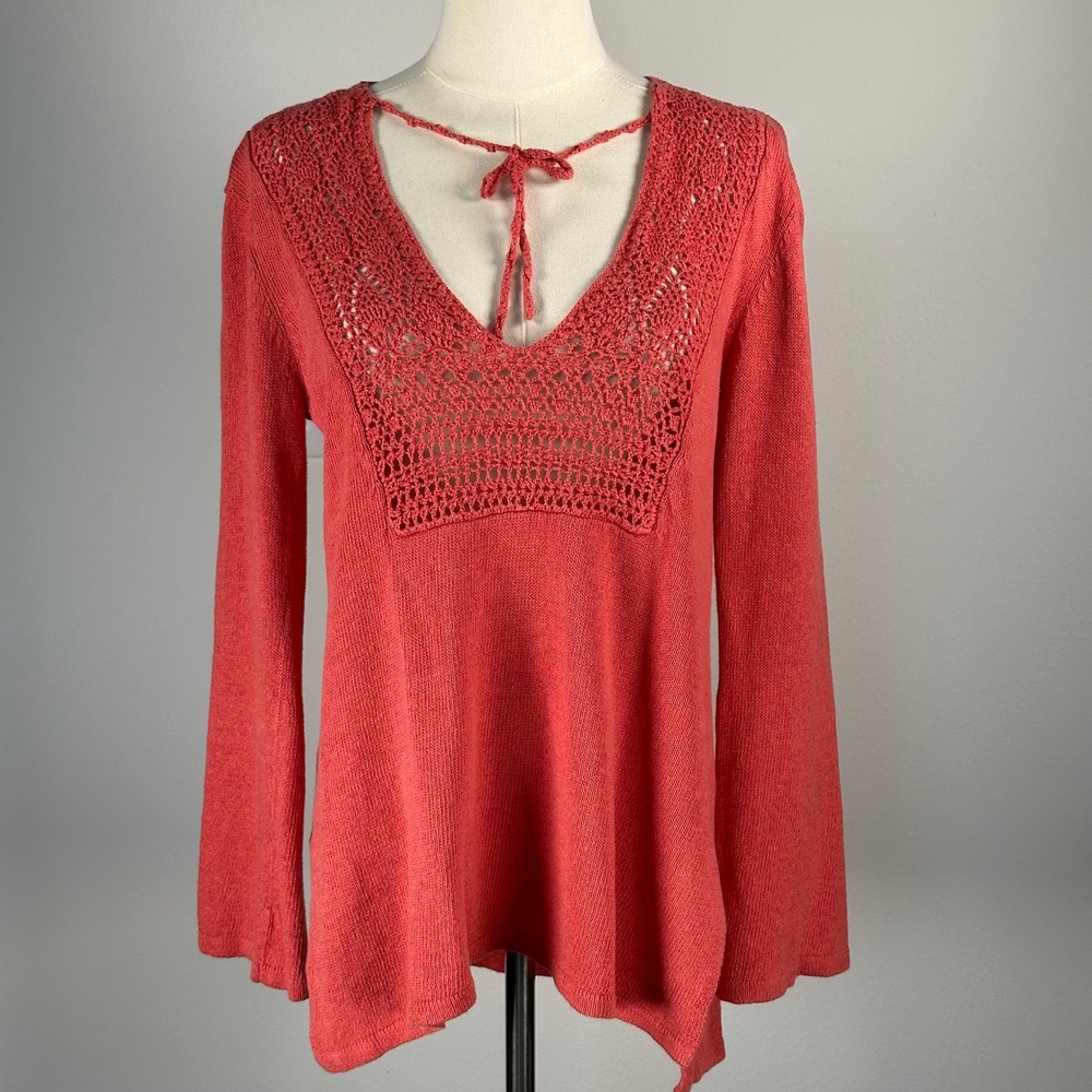 J.Jill Women's Linen Crochet‎ Bell Sleeve Sweater Coral Petite S Boho Fairycore
